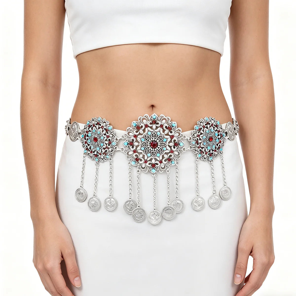 Bohemian Beads Rhinestone Flower Body Chain Silver Gold Dance Women Belt Belly Chain Suitable Gold Silver