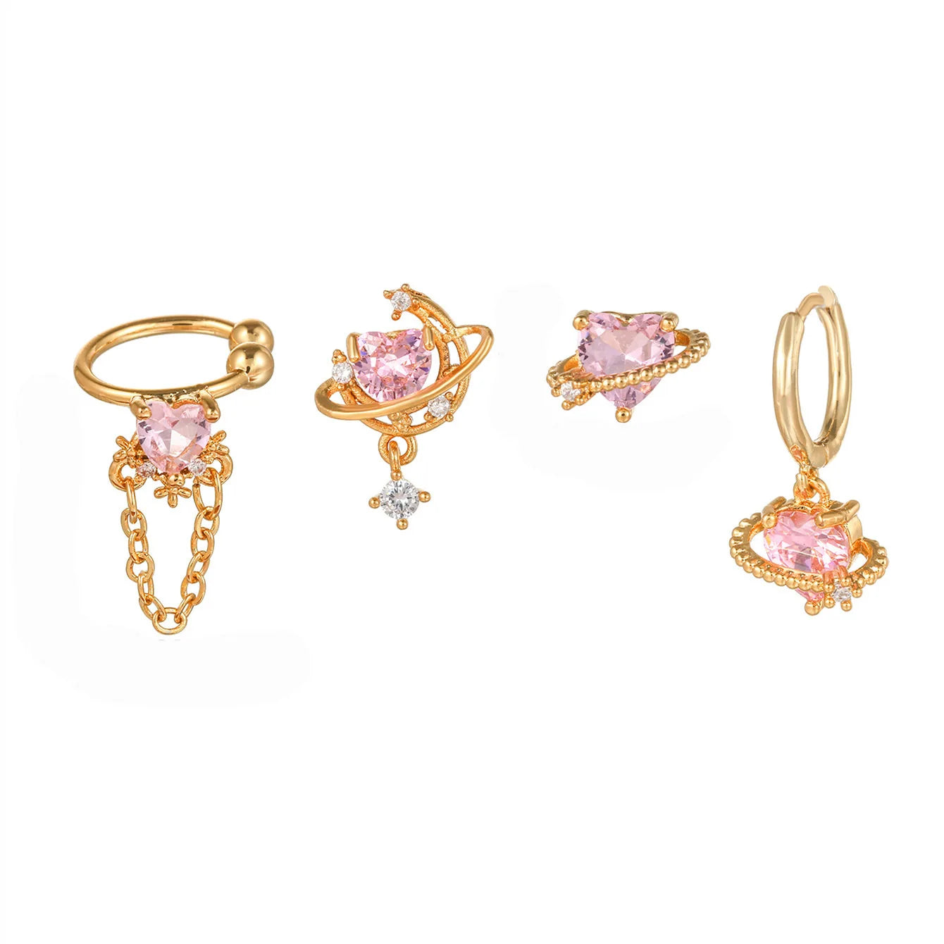 18K Gold Plated Pink Heart Zircon Stud Earrings Set Sweet Girls Trendy Jewelry Multiple Huggie Hoop Designer Diamond