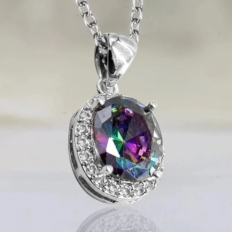 CAOSHI Contracted Style Oval Shaped Dazzling Multi Color Crystal Necklaces for Women Wedding Silver Plated CZ Pendant Necklaces