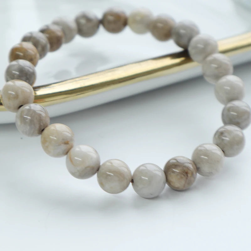 Natural Silver Leaf Agate Gem Semi-Precious Gemstone 8mm Round Beads Stretch Bracelet 7 Inch Unisex