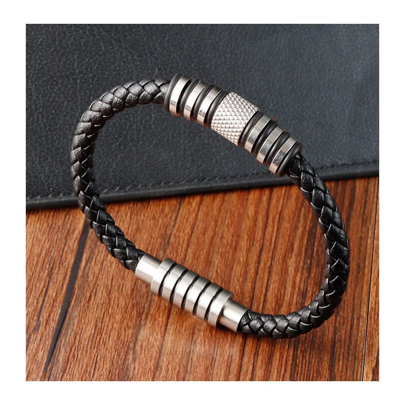 Hot Selling Magnetic Buckle Bracelets Stainless Steel Bangle Handmade Rope Weave Genuine Leather Bracelet Men Gift Bracelet