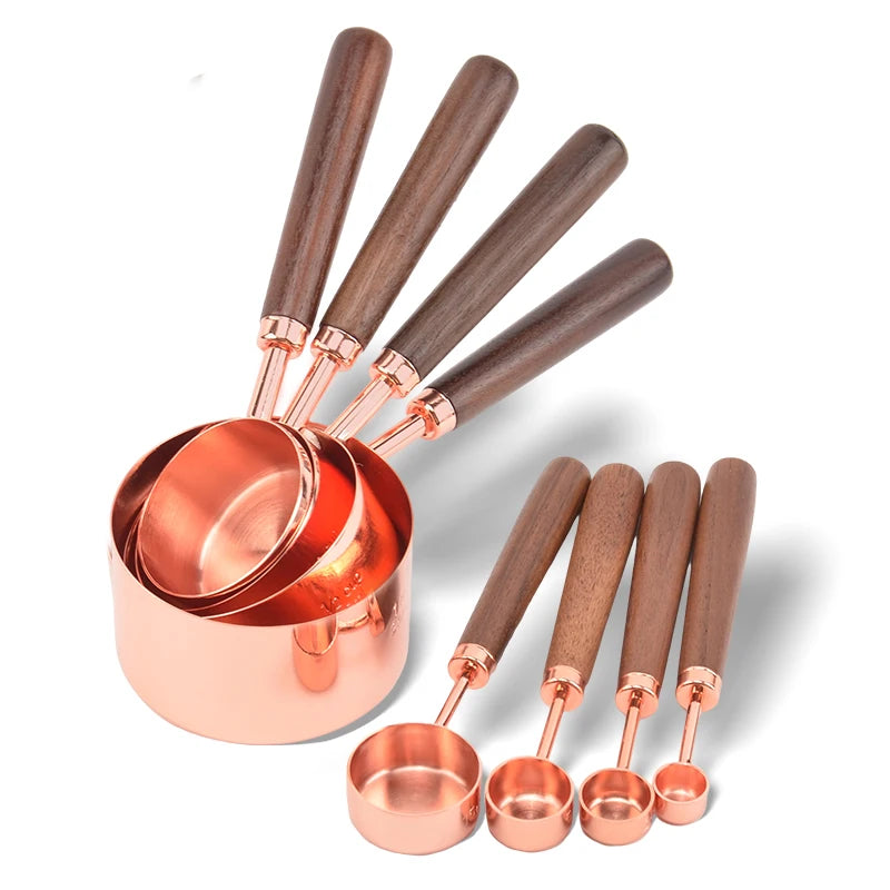 8 Pcs Stainless Steel Rose Gold Kitchen Accessories Eco-Friendly Measuring Cups and Spoons Set with Wooden Handle