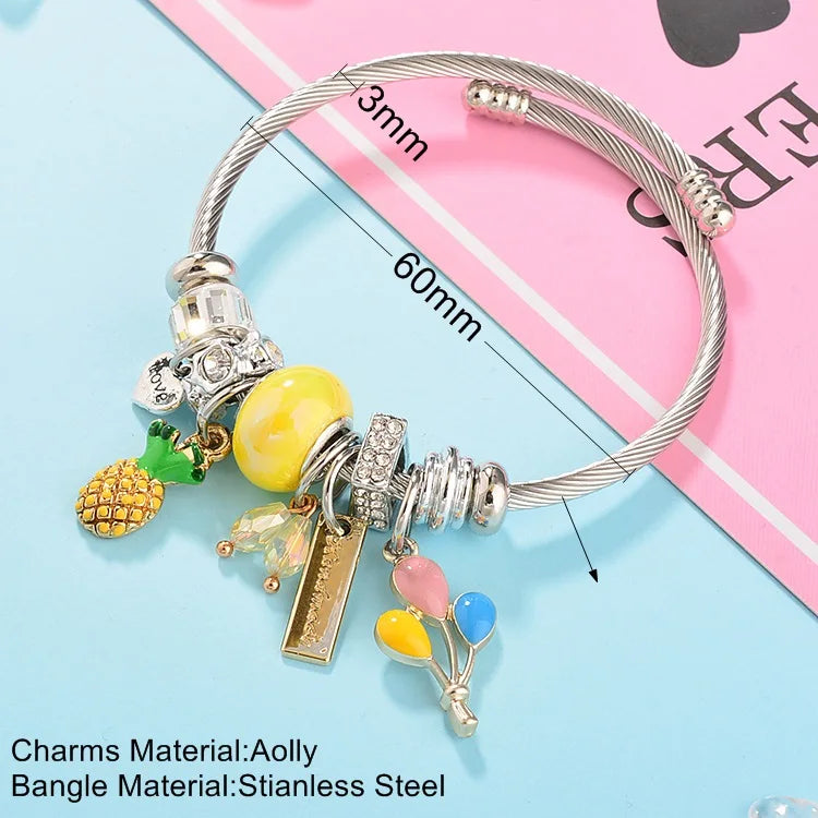 Easytown Children's New Designer Pink Crystal Stainless Steel Animal Design Adjustable Size Bangle Charm Bracelet for