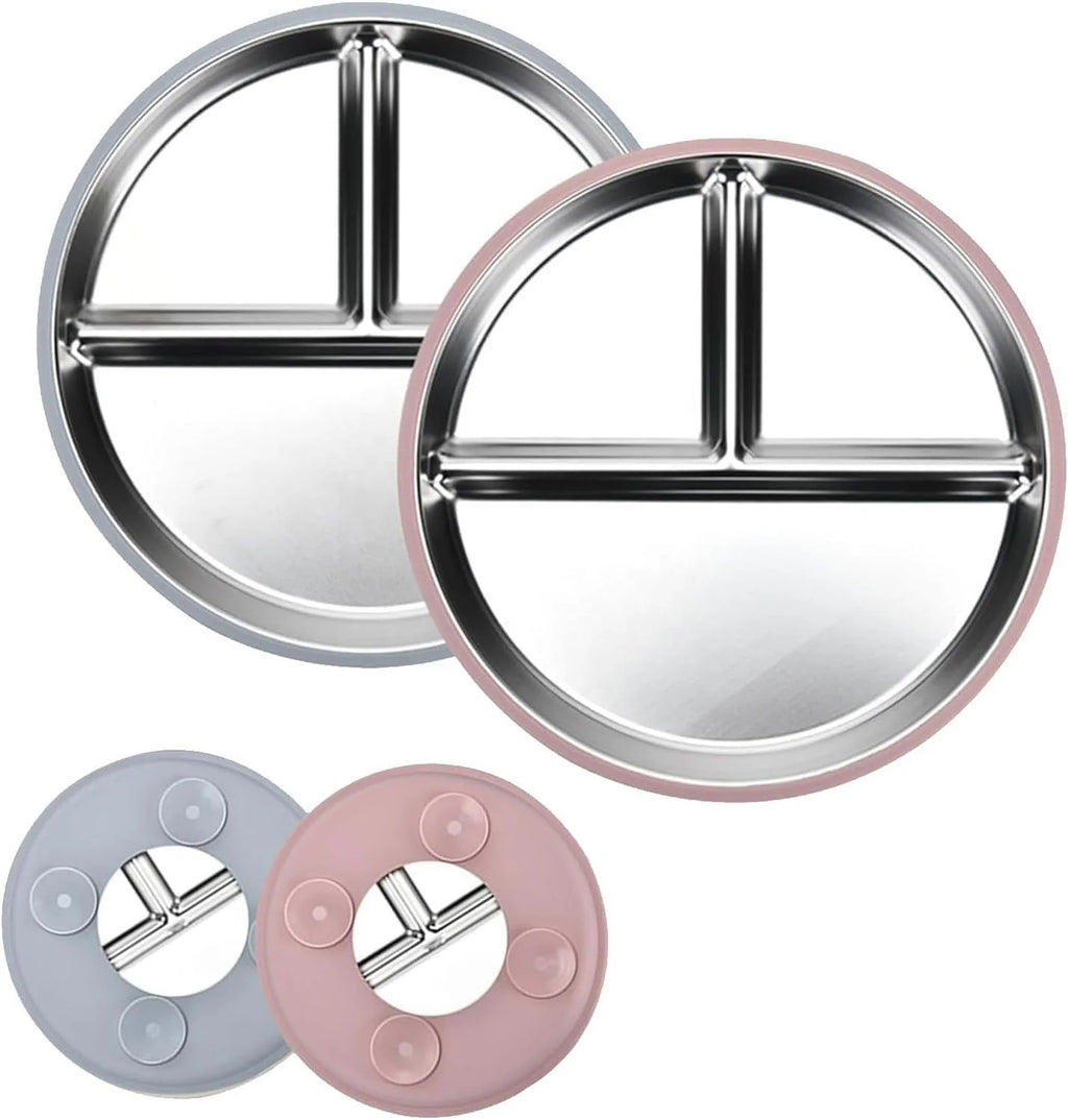 Food-Grade Silicone & Stainless Steel Kids Plate | Divided Compartment Non-Slip Base BPA-Free for Home/School