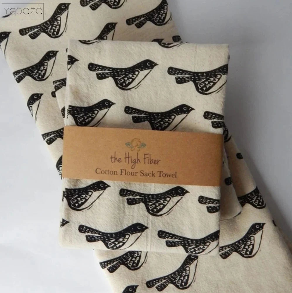 Kitchen Towel Hand Printed Tea Towel Black Bird Cotton Towel