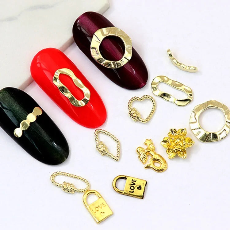 Paso Sico Korean Design Fashion Nail Decoration Metal Alloy Golden Heart Ring Nail Art Charms for Nail Salon Supplies 3D DIY