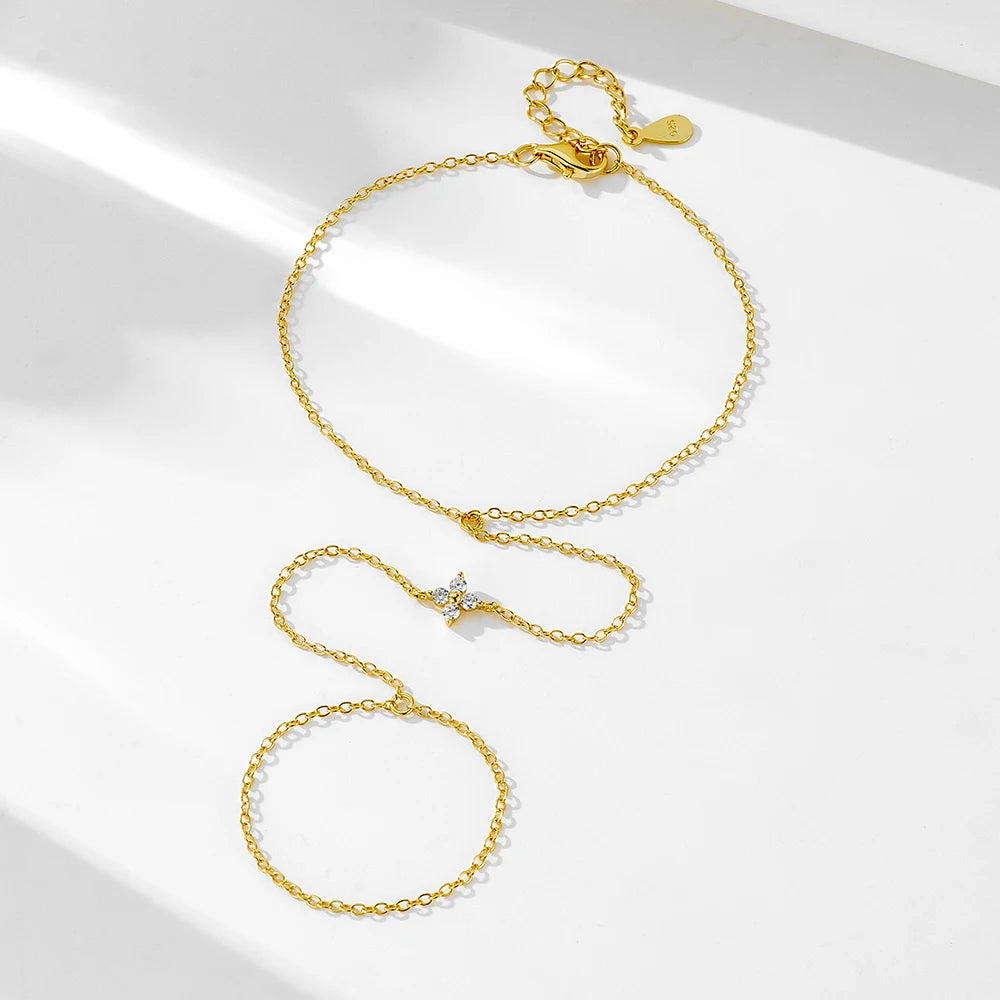 Wholesale Fashion Jewelry Zirconia Ring Bracelet 925 Sterling Silver Gold Hand Chain Four Leaf Clover Finger Bracelets