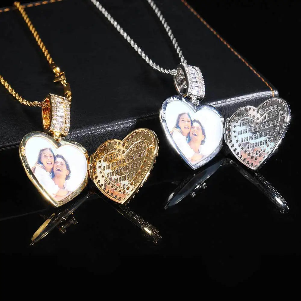 NUOYA Personalized Hiphop Fine Jewelry Heart Shaped Necklace Flip Design  baguette Zircon Frame Pendant Custom Jewelry for Women