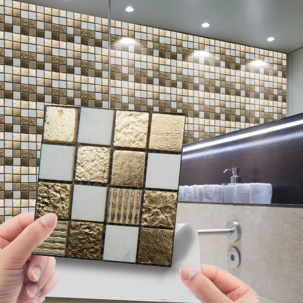 Set of 10 Waterproof 3D Self-Adhesive PVC Wall Stickers Exquisite Mosaic Decals for Kitchen & Bathroom Wall Tile Decorations