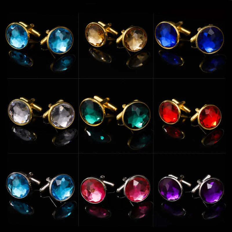Men's Fashion Accessory round Diamond Smooth Crystal Cufflinks for Wedding Engagement Party or Business Gift for Men