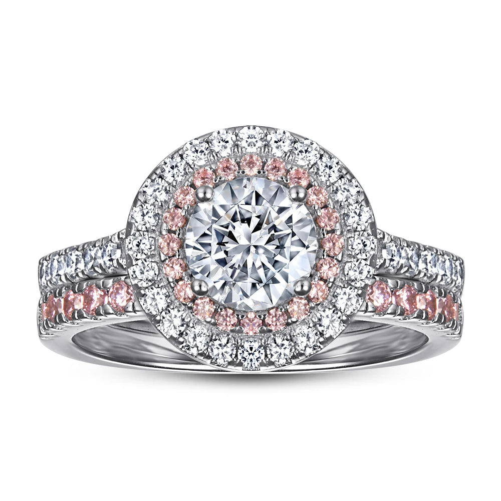 Jewelry Manufacturer Fashion Pink Halo Prong Setting Round Double Row Set Engagement Ring Sterling Silver Couple Rings