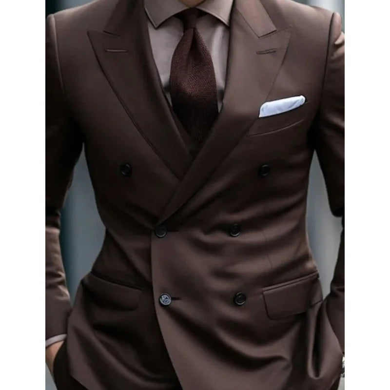 Dark Brown Men's Suits 2-Piece Double Breasted Customized Men's Formal Wear Banquet Wedding Tuxedos Blazer Pants Set