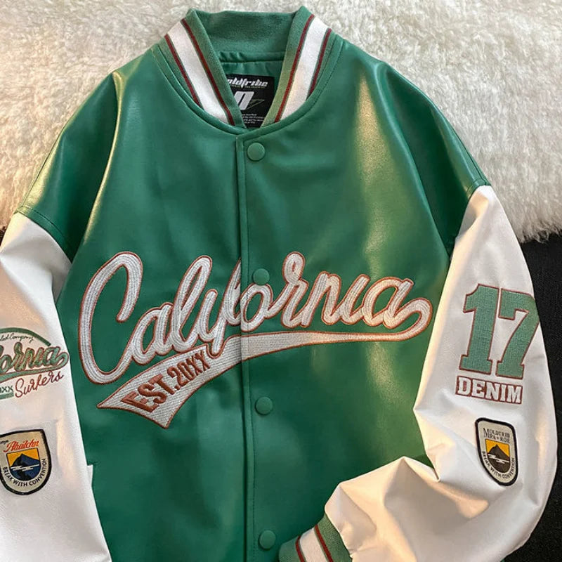 American Retro Letter Embroidery Leather Jackets Coats Women's 2022 New Street-trend All-match Baseball Uniform Couple Loose Top