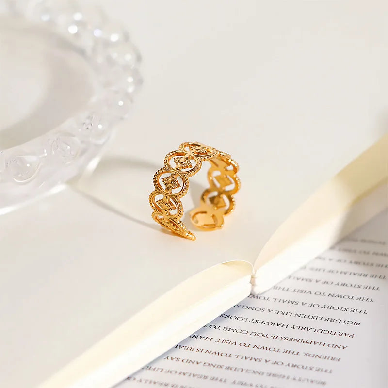 Waterproof 18K Gold Stainless Steel Hollow Big Statement Open Ring for Women Fashion Nobble Party Jewelry