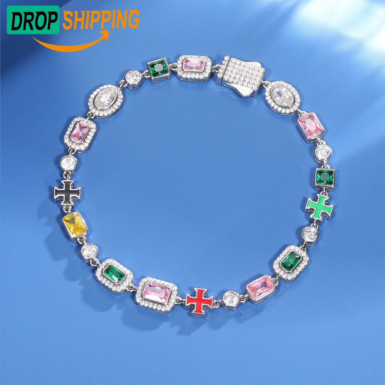Dropshipping Valentine's Day Gift 8mm 925 Sterling Silver VVS Moissanite Diamond Mixed Colored Gemstone Cross Tennis Bracelet