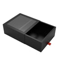 Custom Matte Black Rigid Drawer Box with PVC Window & Ribbon Pull Luxury Gift Packaging for Jewelry Cosmetics