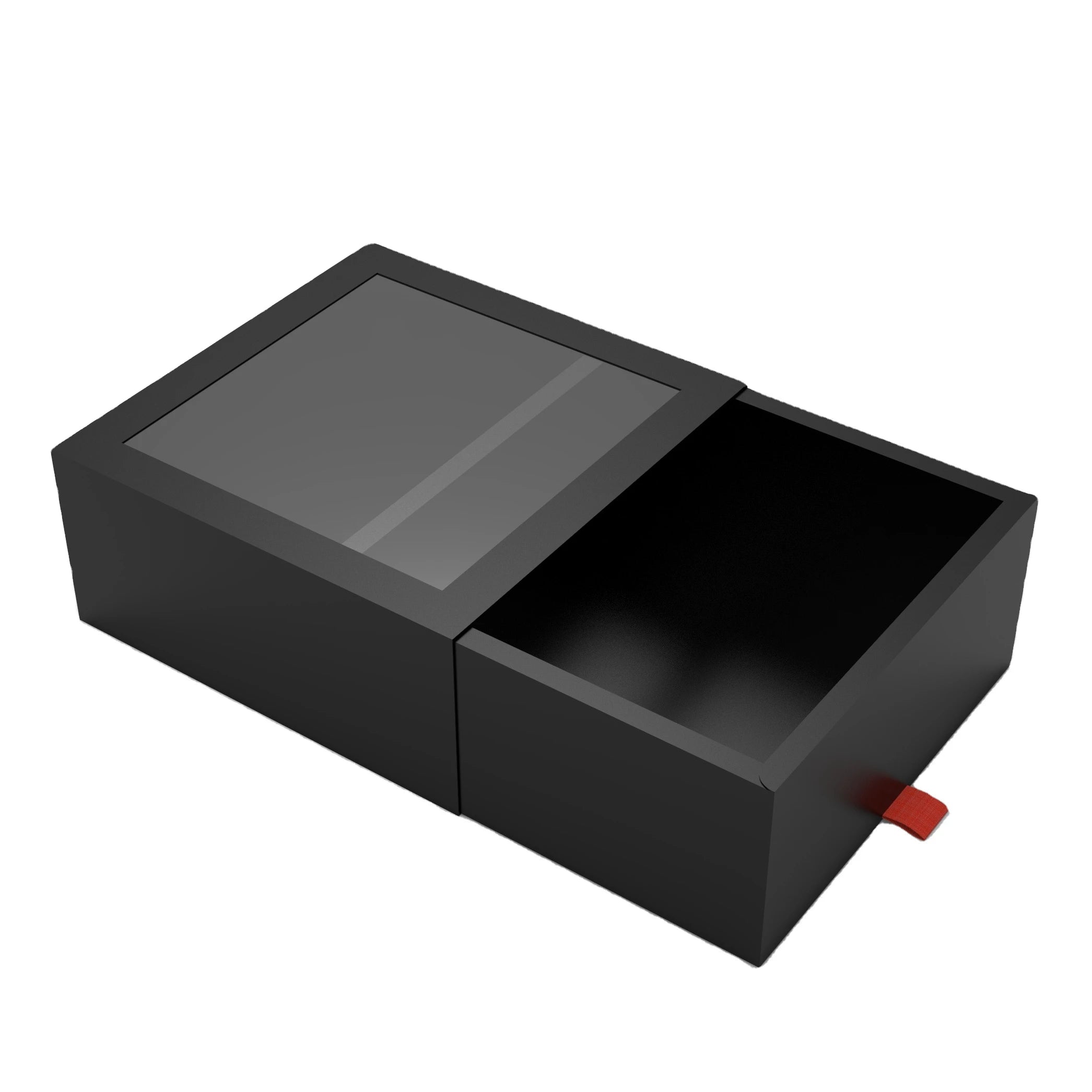 Custom Matte Black Rigid Drawer Box with PVC Window & Ribbon Pull Luxury Gift Packaging for Jewelry Cosmetics