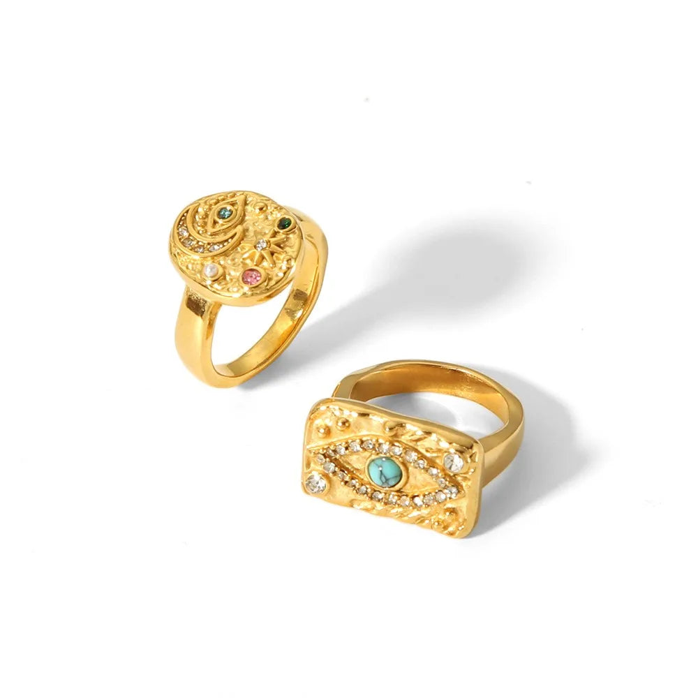 Nabest 18k Gold Plated Cubic Zircon Stainless Steel Evil Eyes Moon Star Rings Vintage Waterproof Women Ring