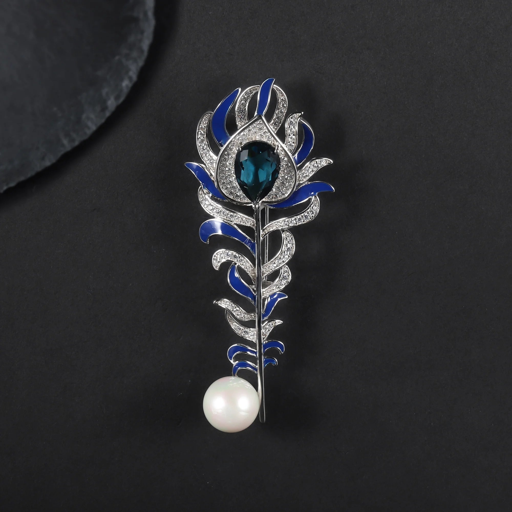 Abiding Exquisite Feather Design S925 Sterling Silver Brooch Pin Unisex Rhodium Plated 12MM Freshwater Pearl Feather Brooches
