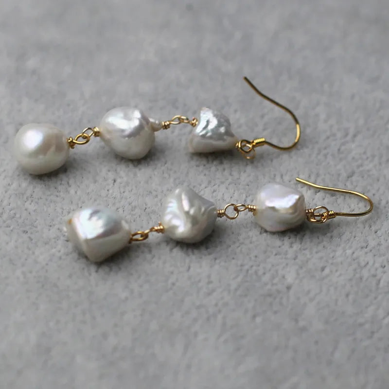 Simple 8-9 mm  Freshwater Keshi Pearl Dangle 18 k Gold Plated Pearl Earrings Baroque Genuine