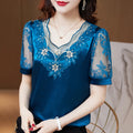 Lace Flower Embroidery Elegant Woman Satin Blouses 2023 Fashion Short Sleeve Shirts Youth Top Summer V Neck Silk Blusas