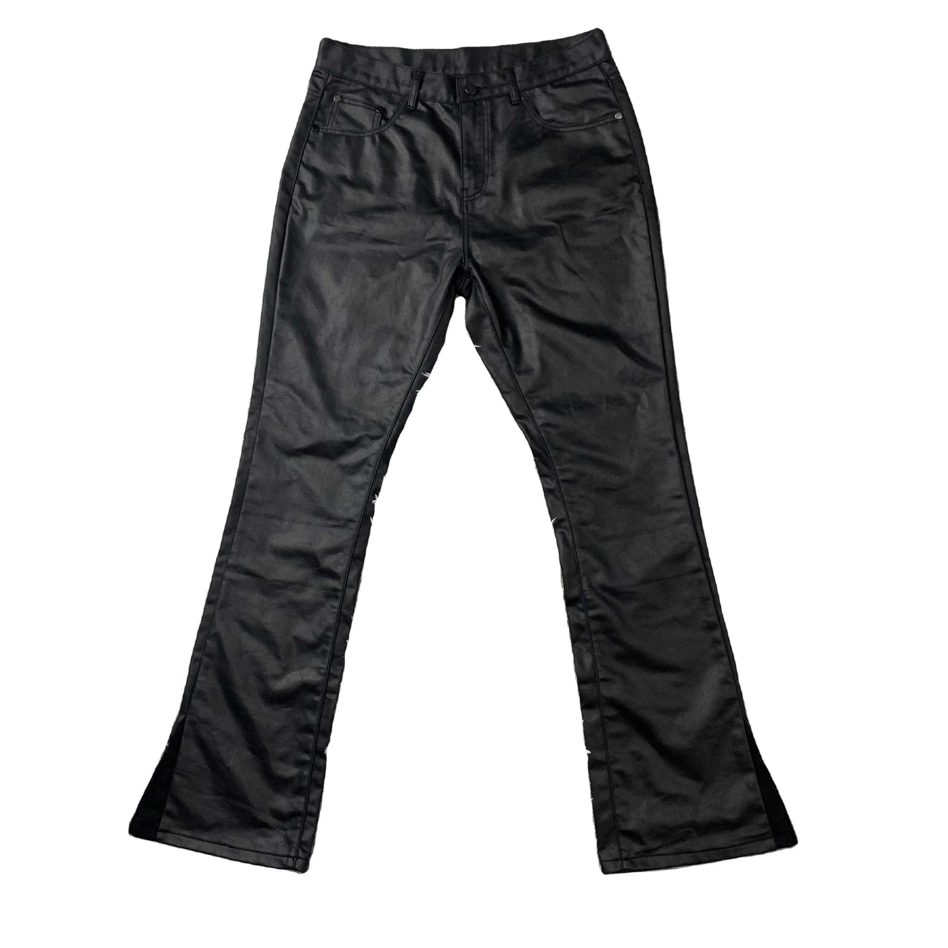 DENIMGUYS Mens Black Waxing Pants Slim Skinny Denim Coated Waxed Flare Stacked Jeans Men Streetwear
