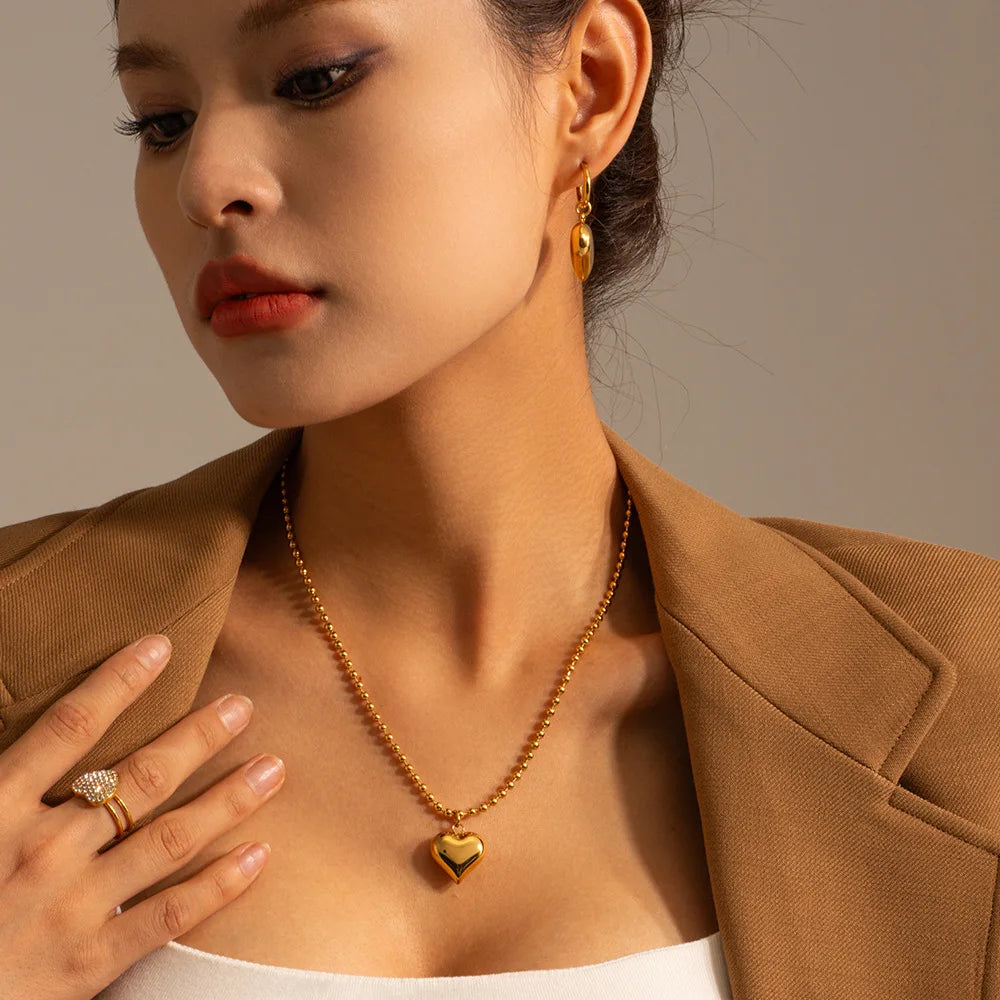 New Stainless Steel 18K Gold Plated Necklace Chunky Heart Shape Beaded Necklaces Fashion Jewelry