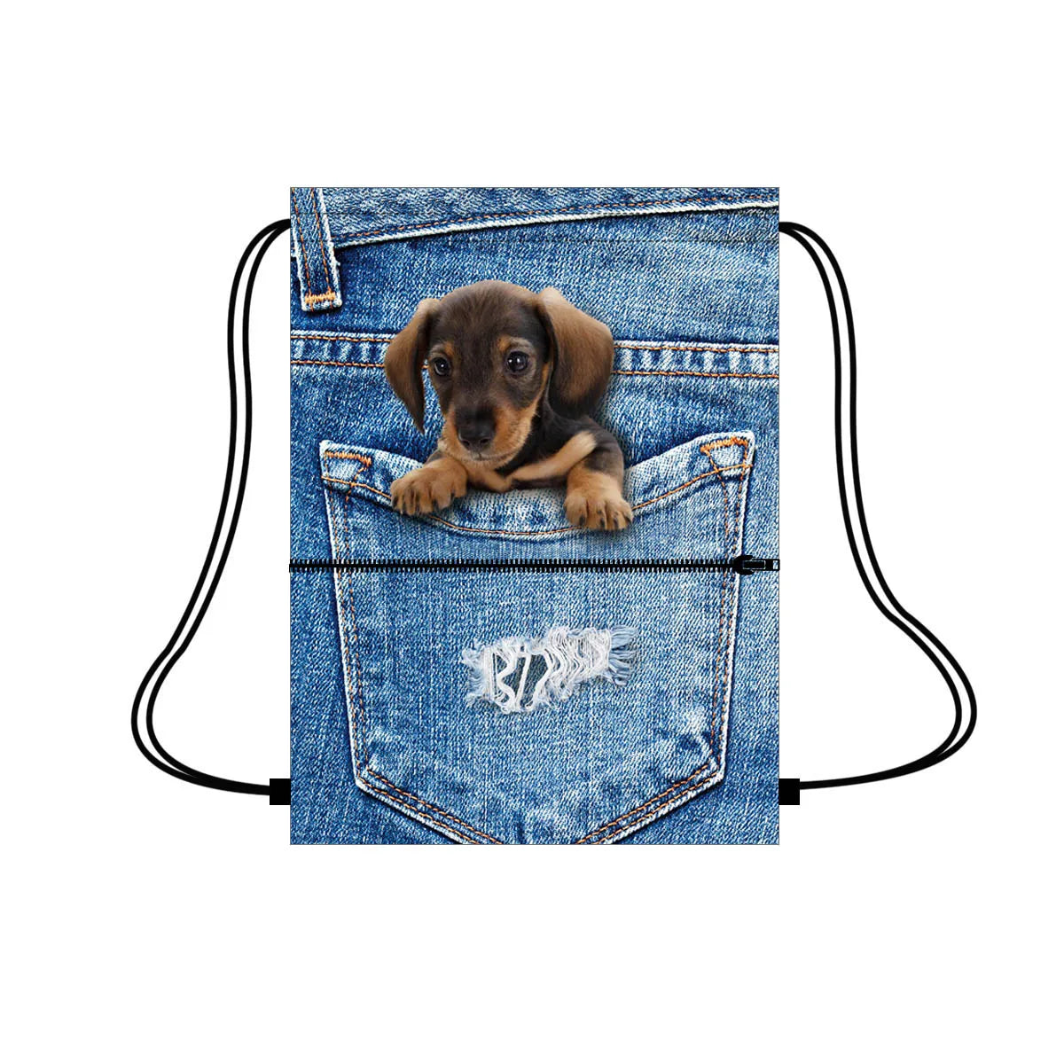 Polyester Drawstring Gift Bag Cute Dog Design Printing Customized Gift Drawstring Bags with Zipper Pocket NO MOQ