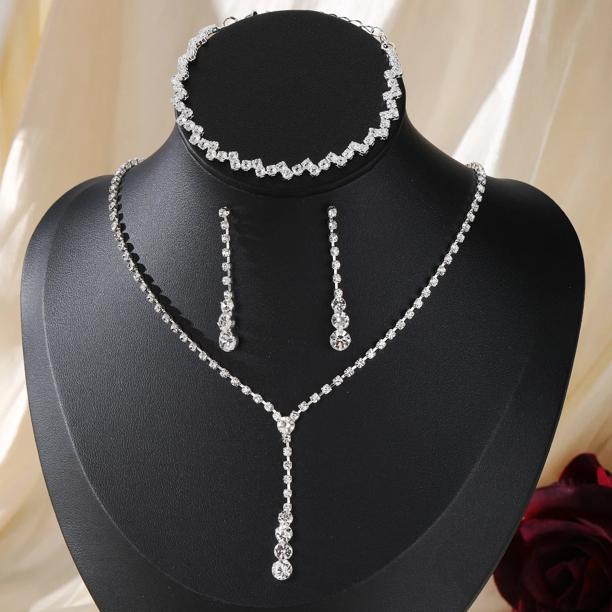 3Pcs/Set TRENDY Rhinestone Necklace Bracelet Earring Set for Women Jewelry Wholesale