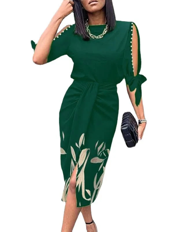 Hot Selling Women's Summer Bodycon Dress Sexy Printing Hollow Pleated Half Sleeve Breathable Chiffon Woven Fabric for Autumn