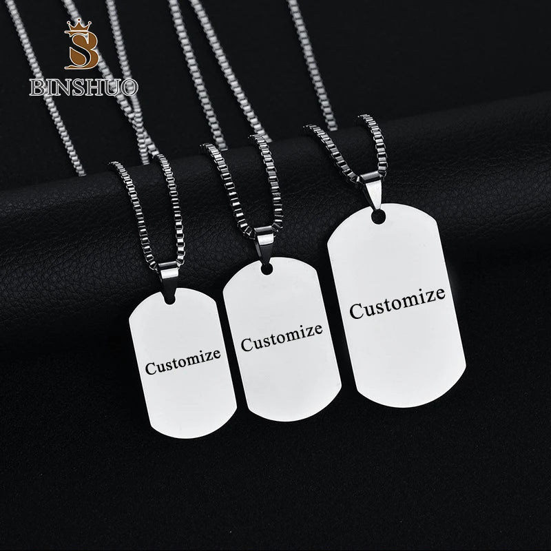 BINSHUO Necklace Personalised Customised Dog ID Square Pendant Letters Stainless Steel Nameplate Name Pendant Necklace