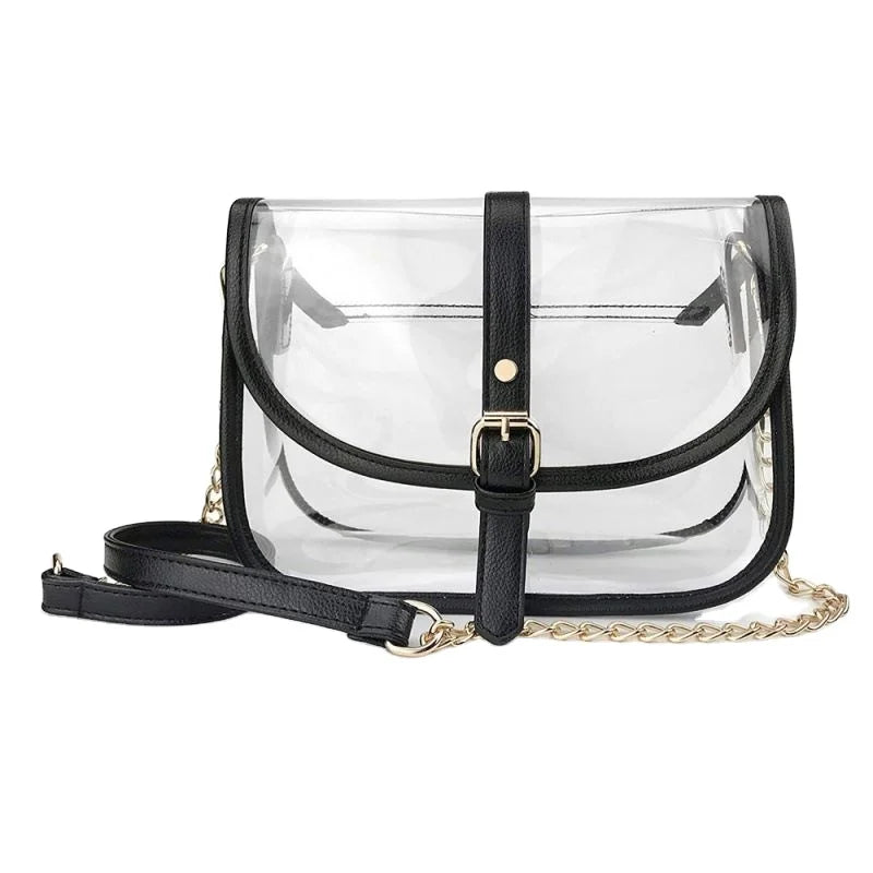 Wholesale Custom Ladies Transparent Clear PVC Messenger Bag Fashion Stadium Bag Organizer Chains Travel Shoulder Crossbody Sling
