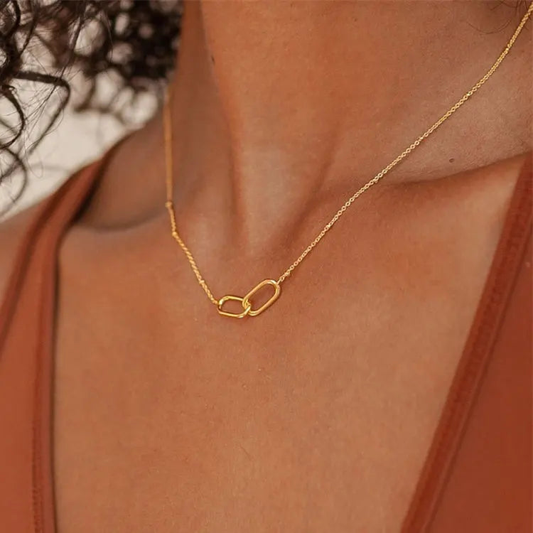 Minimalist OL Linked Chain Pendant Necklace Women 18K Gold Plated Stainless Steel Interlocked Double Ring Infinity Necklace