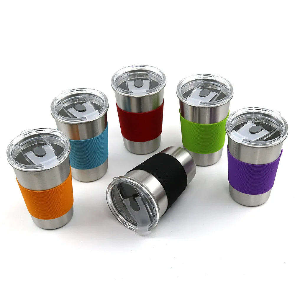 Brief Single Wall 304 Stainless Steel Coffee Mug Portable Beer Cup Party Drinking Water Bottle With Silicone Sleeve