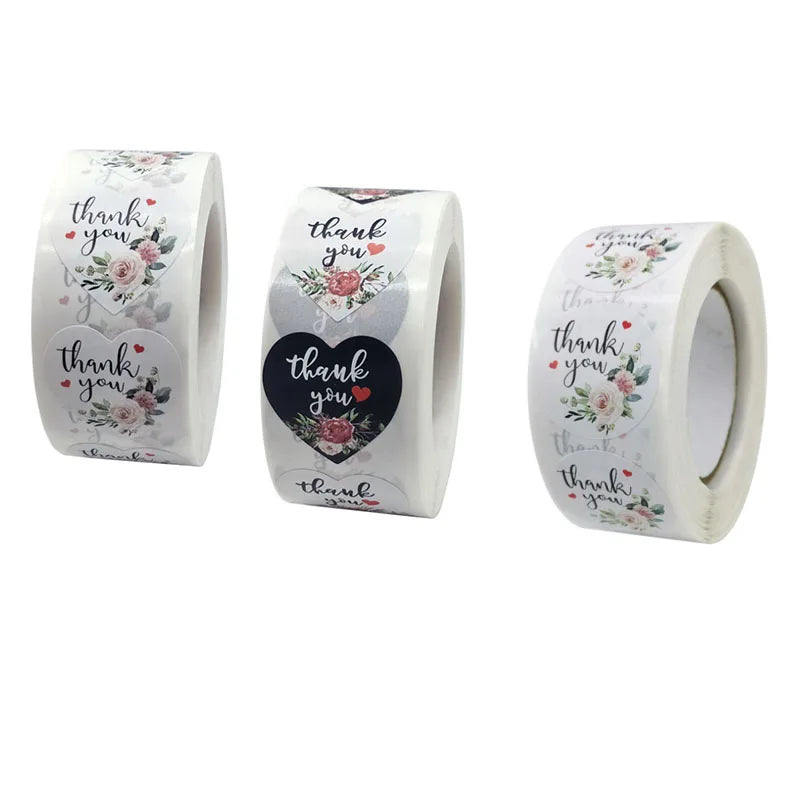 500pcs/Roll Floral Heart Shaped Sticker Roll Thank You Seal Labels Stickers Scrapbooking for Package Stationery Sticker