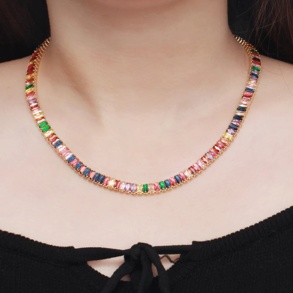 Multicolor Rainbow Color Gold Chic Baguette Cubic Zirconia Stone Tennis Necklace for Women Engagement Party Wear Boho Jewelry