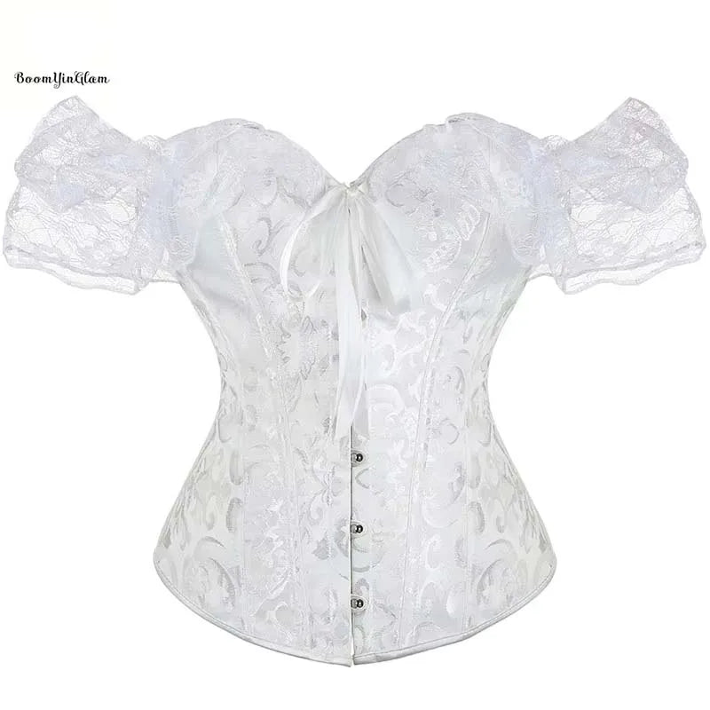 White Color Off Shoulder Sexy Bubble Sleeve Top Corset Floral Brocade Victorian Bustier Jacquard Bodyshaper Plus Size