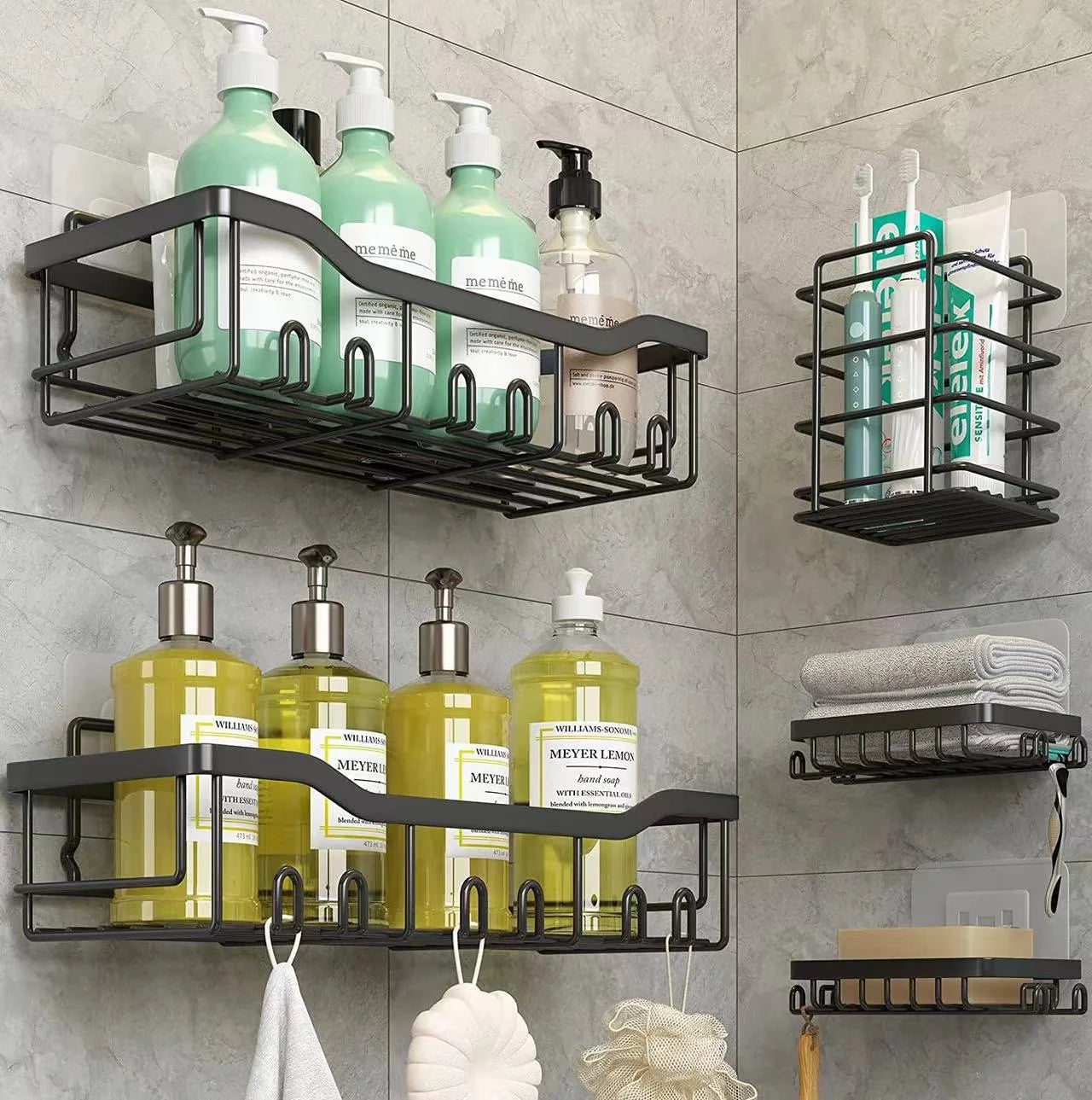 3/5 Piece Shower Storage Set With Hooks - Wall Mounted Drill-Free Adhesive Toiletries Soap Organizer Bathroom Accessories