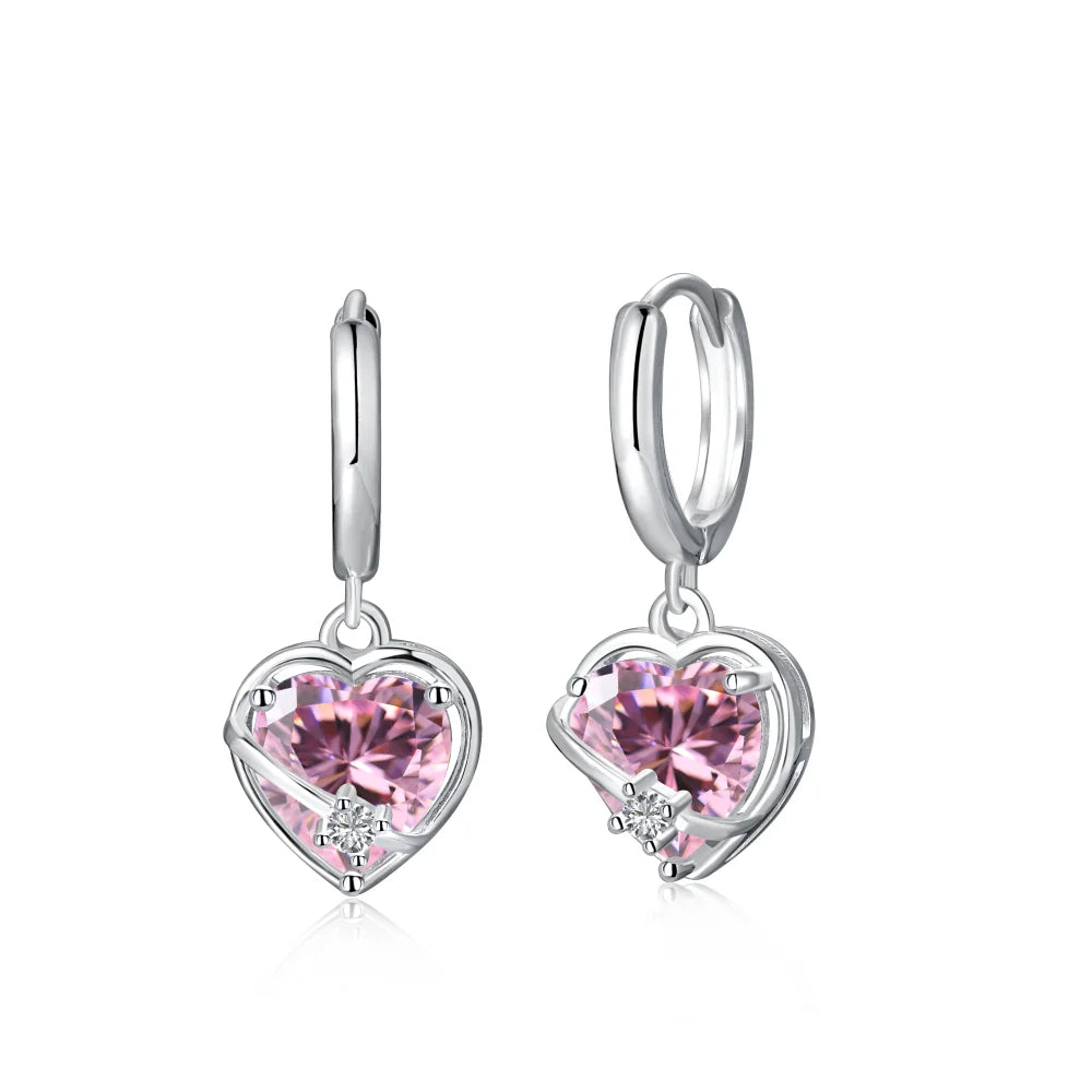 Dylam Wholesale Rhodium Plated Colored Rectangle CZ Crystal Huggie Hoop Earrings Pink Cubic Zircon Heart Drop Hoop Earrings