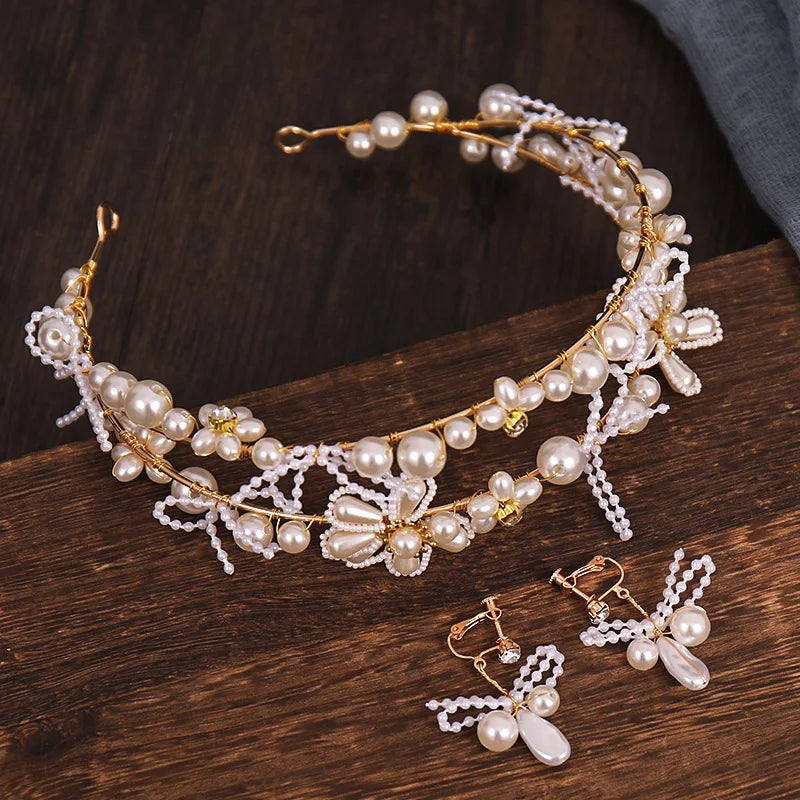 2pcs Korean Style Hair Accessories Set Wedding Headwear Pearl Flower Pendant Earrings Hairband Sets