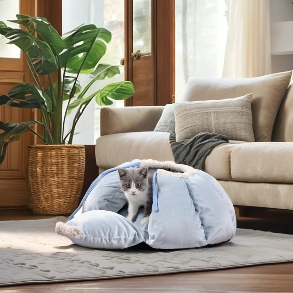 Round Small Dog Cat Bed Half-Enclosed Pet Nest with Warm Plush Kennel Pad Mats Cushion Cover Washable Feature Pet Supplies