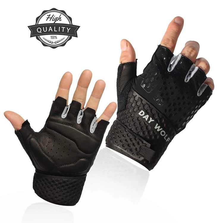 Black Nylon Gym Fitness Gloves with Wrist Support for Weight Lifting Outdoor Activities and Fishing