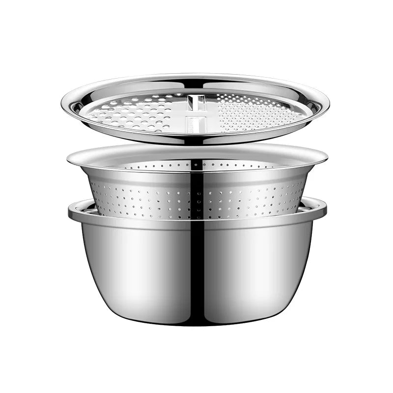 Kitchen 3 in 1 Multipurpose Julienne Grater Vegetable Cutter  Stainless Steel Drain Basket Salad Maker Bowl for Cooking