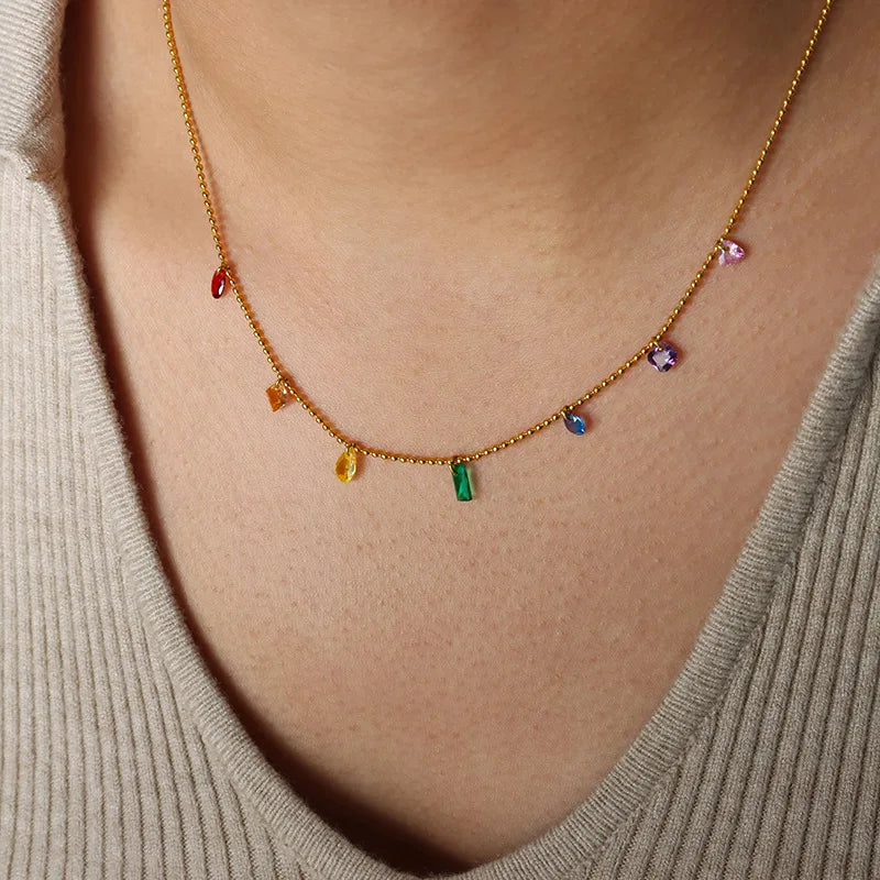Aretas Women Jewelry 2023 Colored Crystal Charms Necklace Stainless Steel Rainbow Color Rhinestone Zircon Bracelet Necklace Set