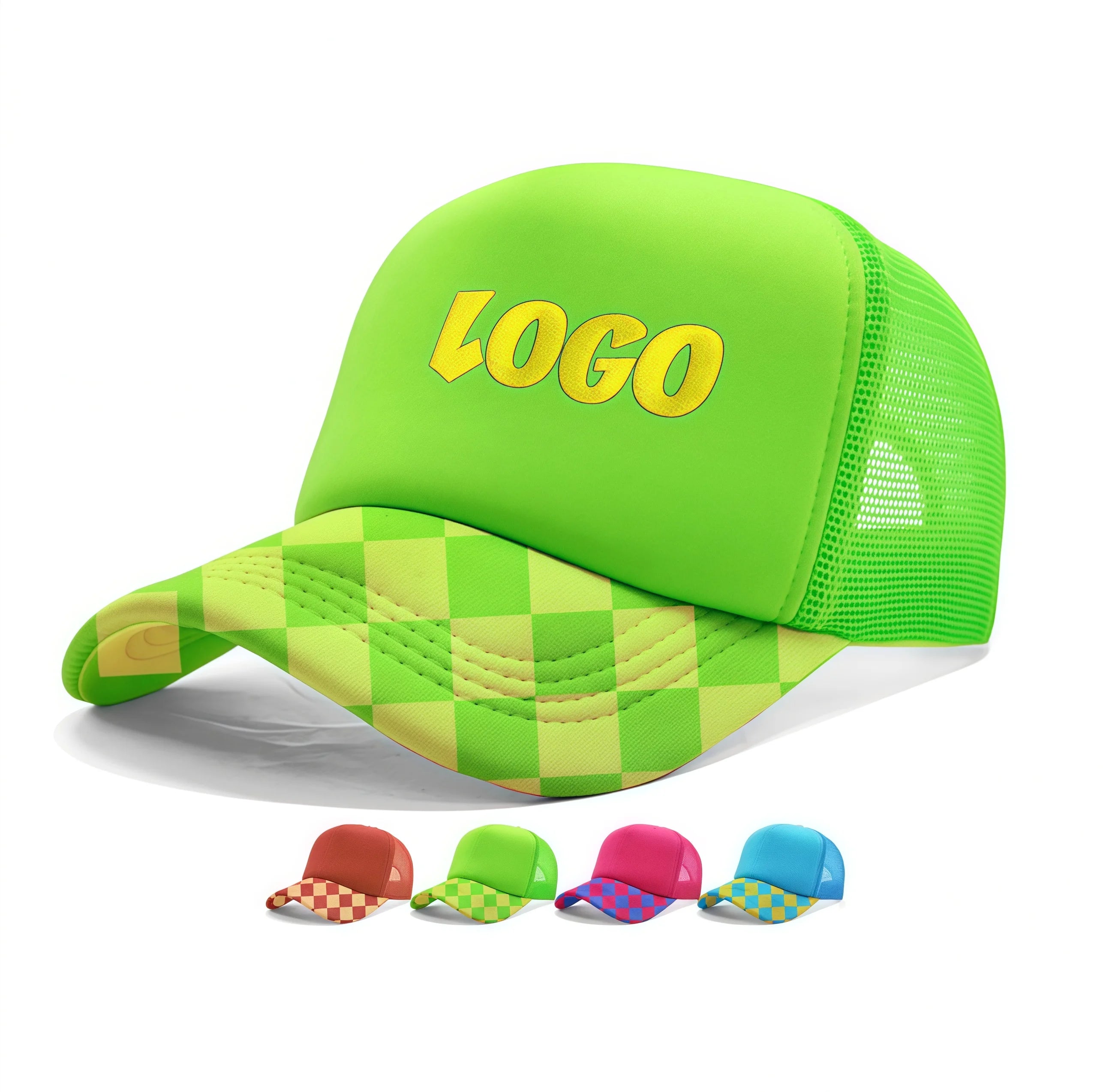 Custom Logo 5 Panel Structured 100 % Cotton 3d Embroidery Baseball Hats Plaid Checkered Blank Trucker Hats