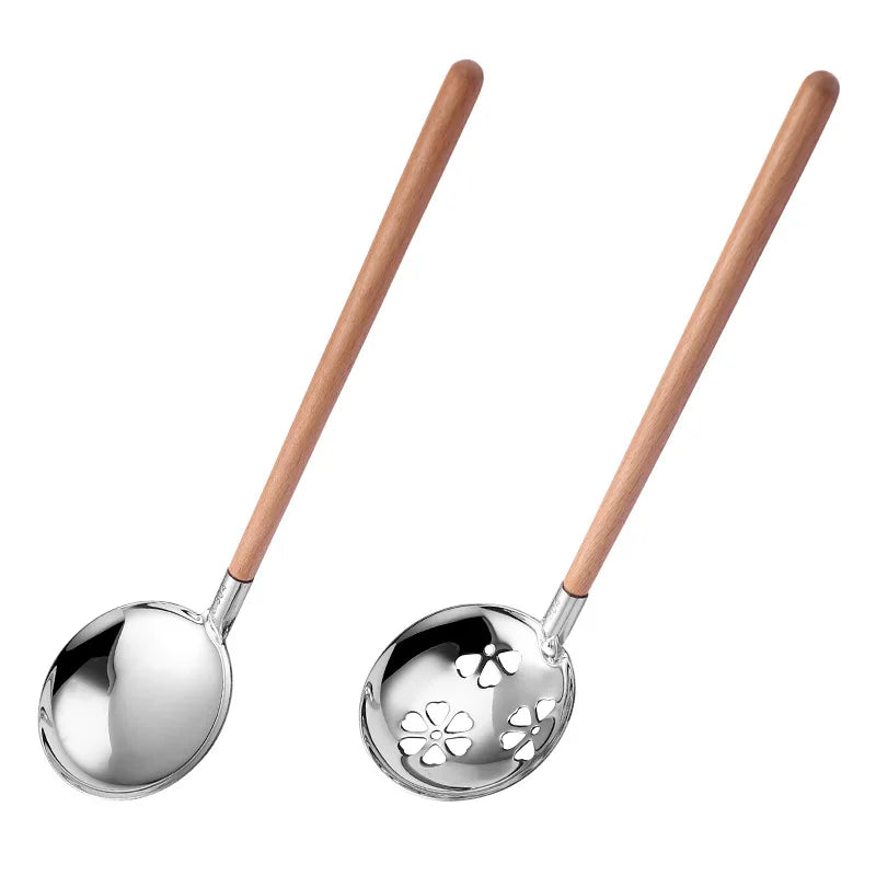 Soup Spoon Wooden Handle Anti Hot Stainless Steel Gold Silver Colander
