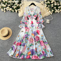Europe AndTthe United States Niche Holiday Style V-neck Lace Patchwork Long Skirt Female Print Dress