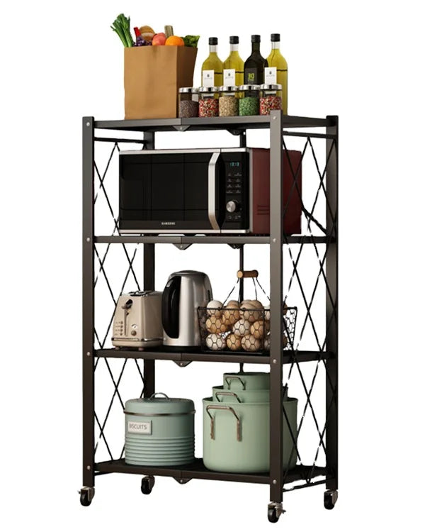 Multi-functional Black Four Layer Storage Rack Folding Kitchen Toilet Shelving with Casters