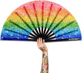 Custom Printed Loud Clack Rainbow Bamboo Nylon Fabric Big 33cm Folding Hand Fans with Painted Technique