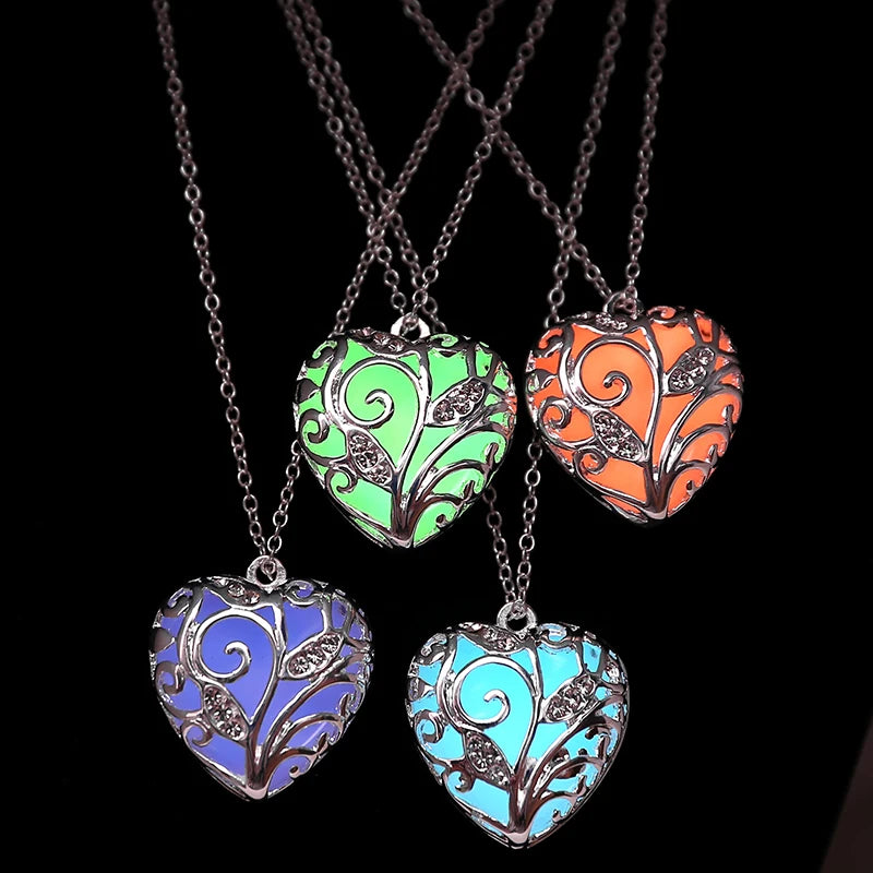 Wholesale Silver Plated Hollow Out Heart Shape Glowing in the Dark Night Pendant Necklace Jewelry for Women